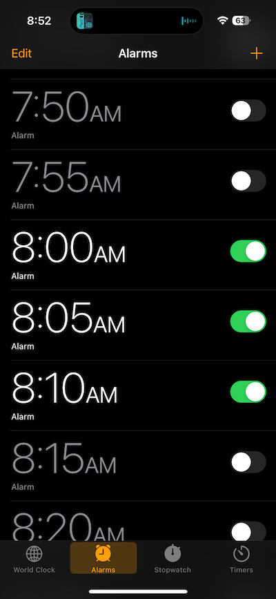 screenshot of the clock app showing three 8 am alarms set