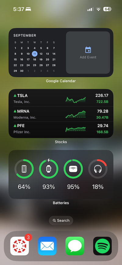screenshot of an apple homescreen with three large widgets