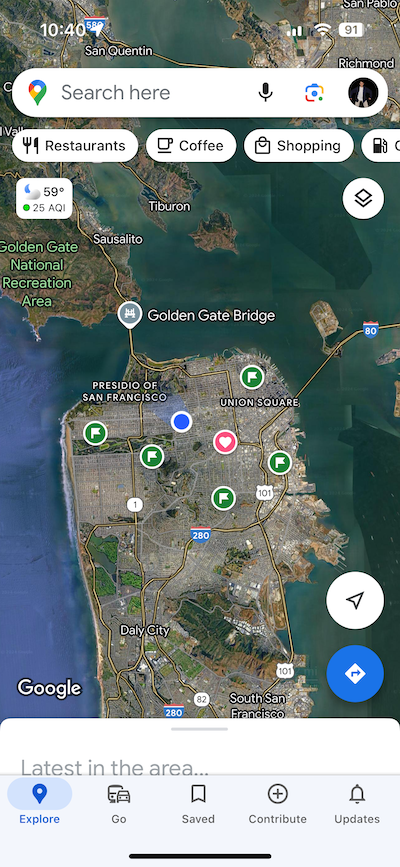 screenshot of google maps, showing san francisco with saved and favorite locations